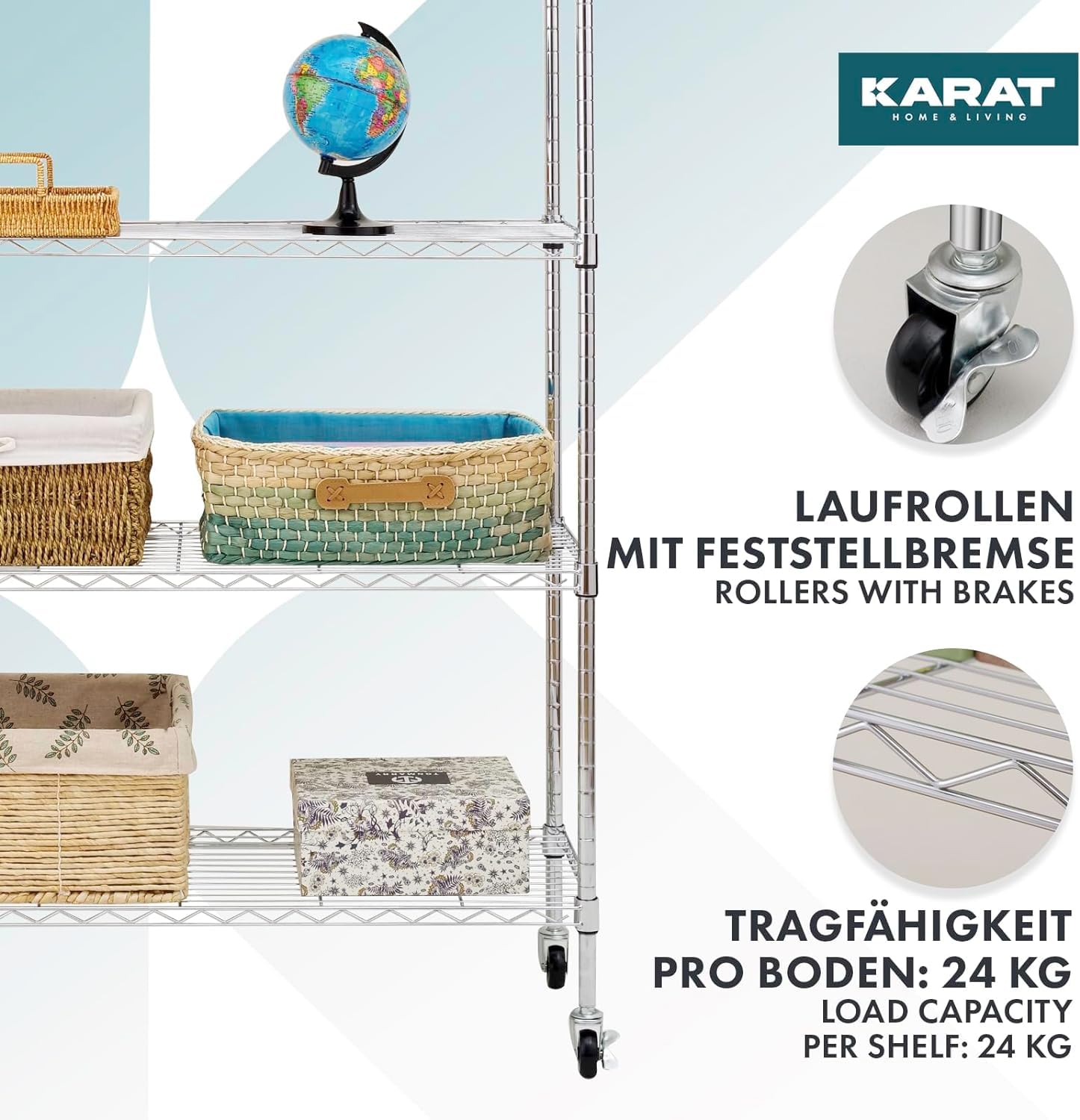 KARAT Étagère étroite sur roulettes en métal - Maya - avec 5 étagères, Chariot pour Cuisine, Salle de Bains, débarras jusqu'à 120kg, avec Frein de Blocage - 89x34x150 cm (Chromé)