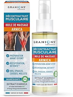 Granions | HUILE DE MASSAGE ARNICA | DÉCONTRACTANT MUSCULAIRE | Huile Essentielle Ylang Ylang et Gaulthérie BIO | Préparation et Récupération Sportive, Avant Après Effort | Fabriqué en France | 100 ml