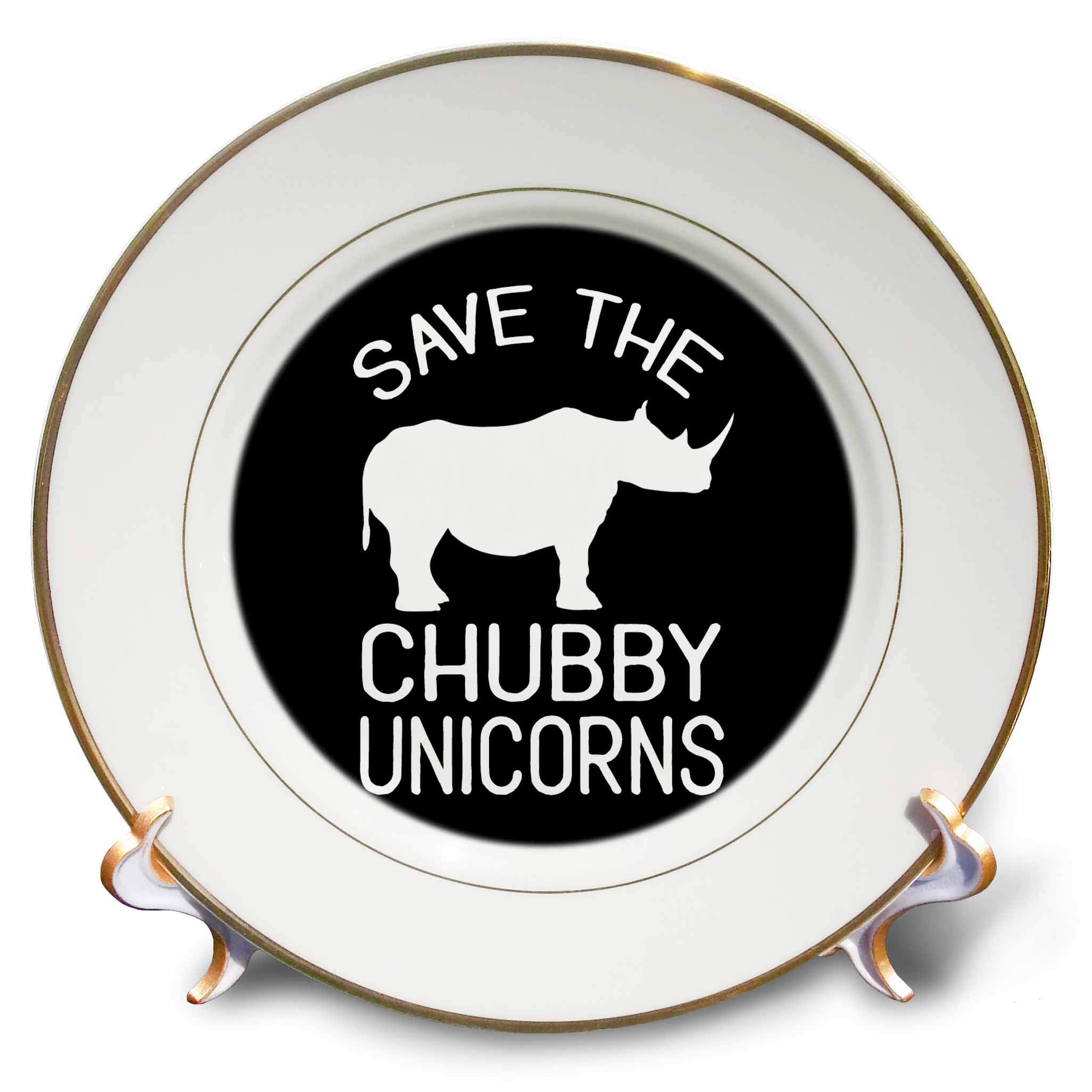 3dRose Save the chubby unicorns with rhino. White on black background., 8-Inch