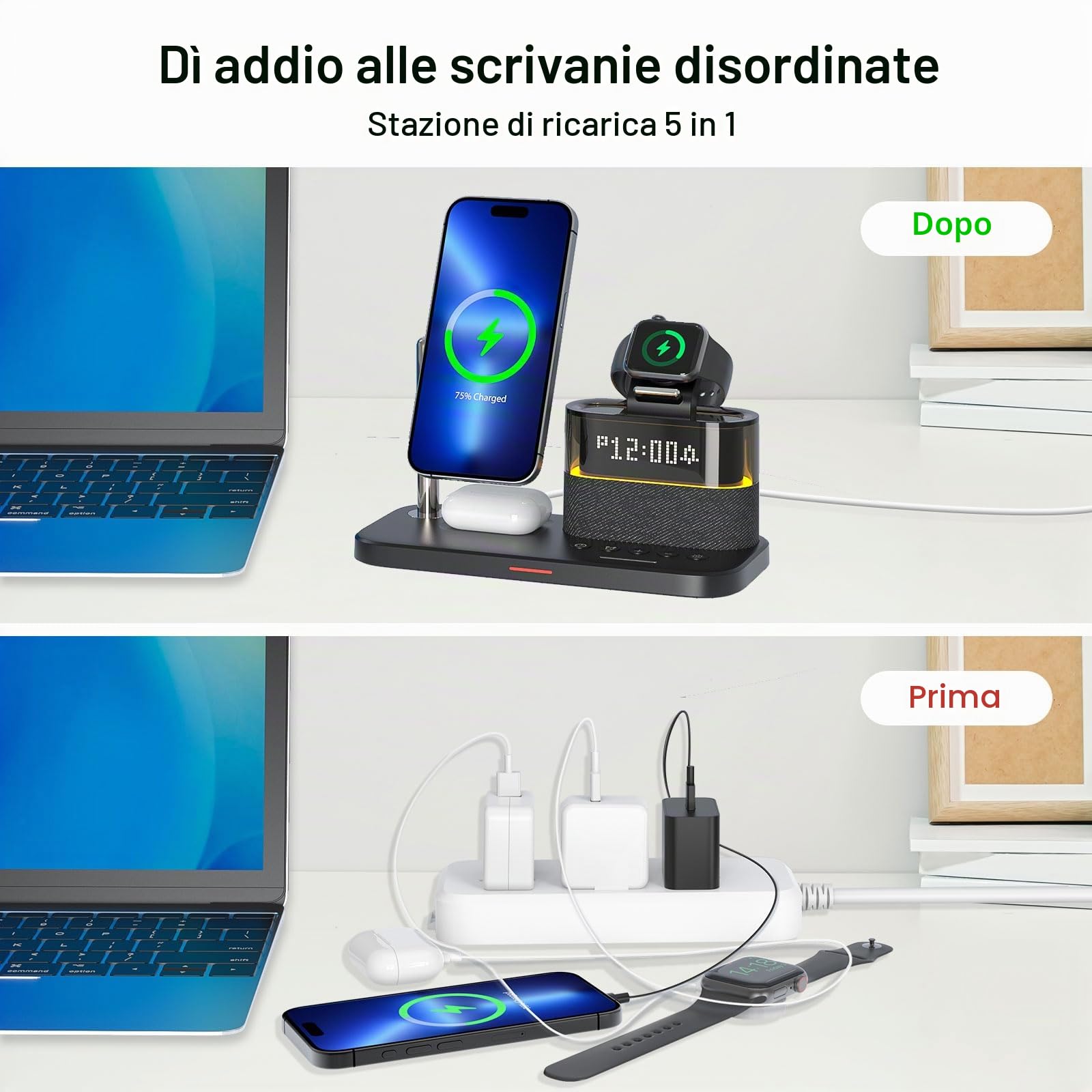 Caricabatterie wireless 5 in 1 con sveglia, stazione di ricarica wireless con luce notturna compatibile con iPhone 17 16 15 14 13 12 Pro Max, Apple Watch e auricolari con ricarica wireless (Nero)