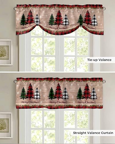 Miniatura 5 de Cenefas de ventana con diseño de árbol de Navidad, diseño de búfalo, para cocina, sala de estar, dormitorio, baño, lavable, copos de nieve rojos y
