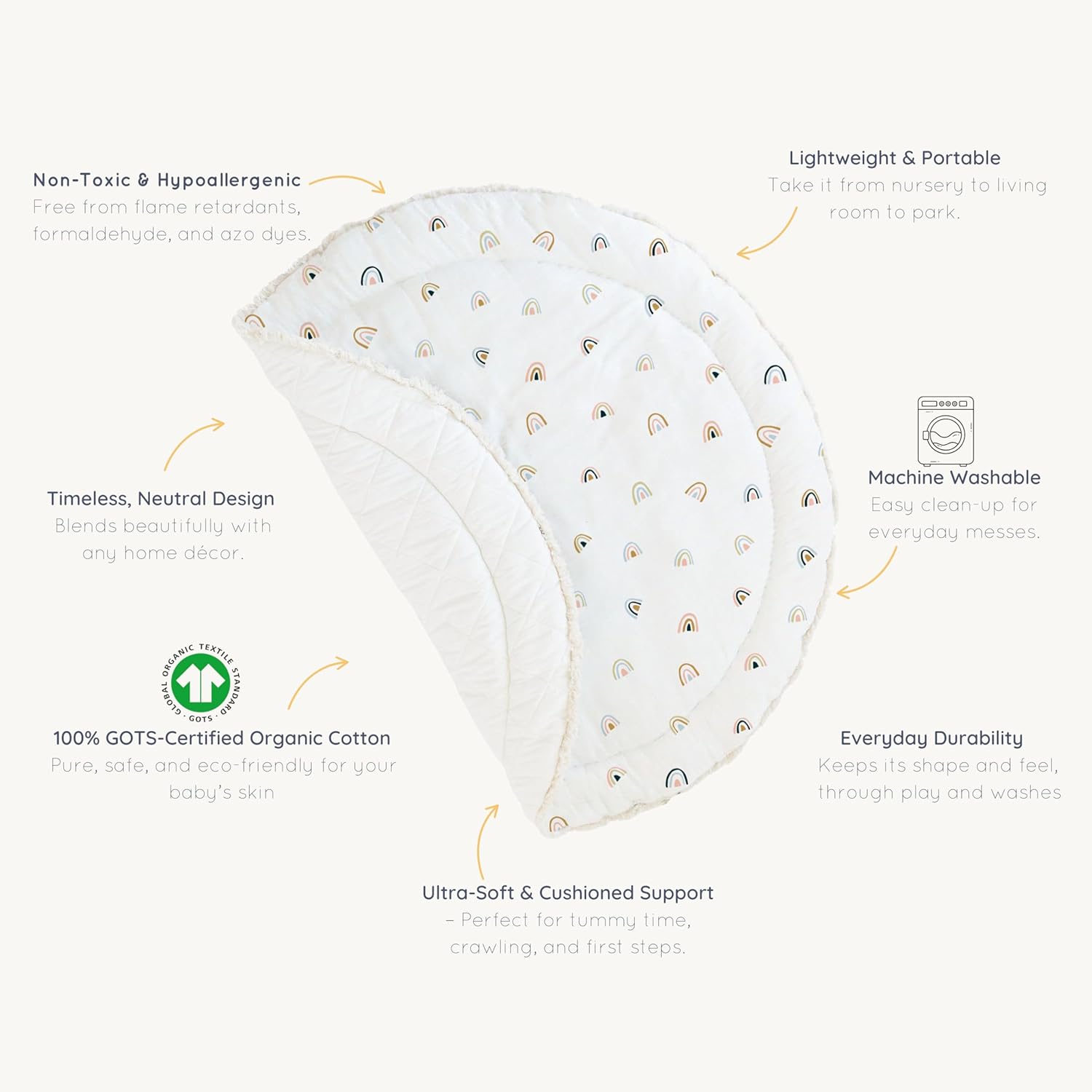 MakeMake Organics Organic Play Mat GOTS Certified Organic Cotton Nursery Floor Rug Washable Reversible Non Toxic Activity Mat Tummy Time Crawling Pad Thick Quilted (Round 48", Rainbow, White)