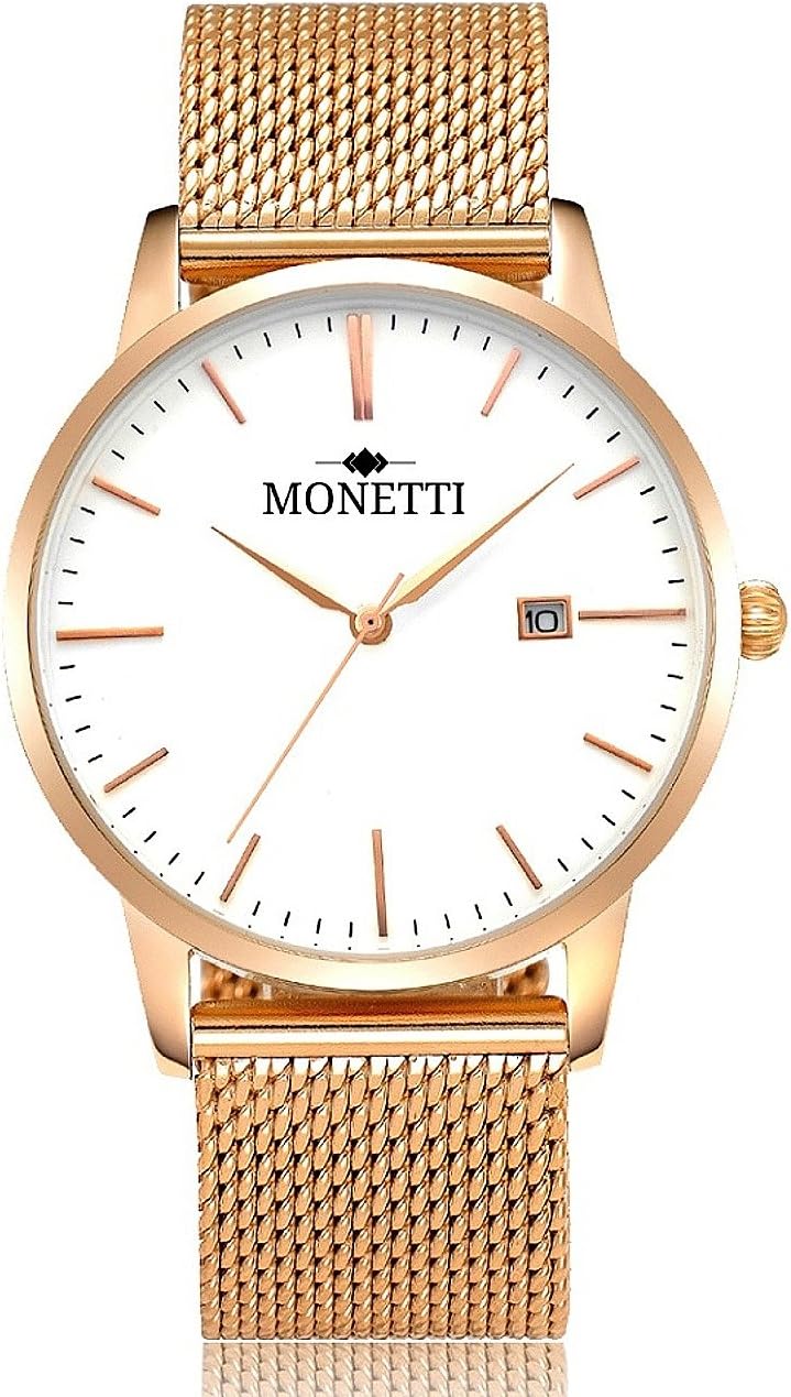 MONETTI Unisex Watch Analogue Quartz with Rose-Gold Steel mesh Strap in an Exclusive Gift Box.