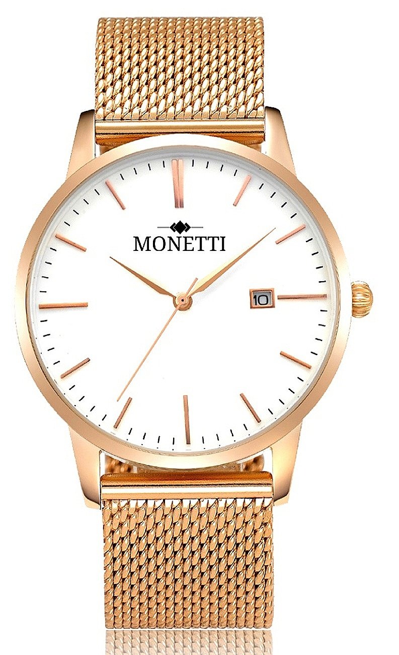 MONETTI Unisex Watch Analogue Quartz with Rose-Gold Steel mesh Strap in an Exclusive Gift Box.