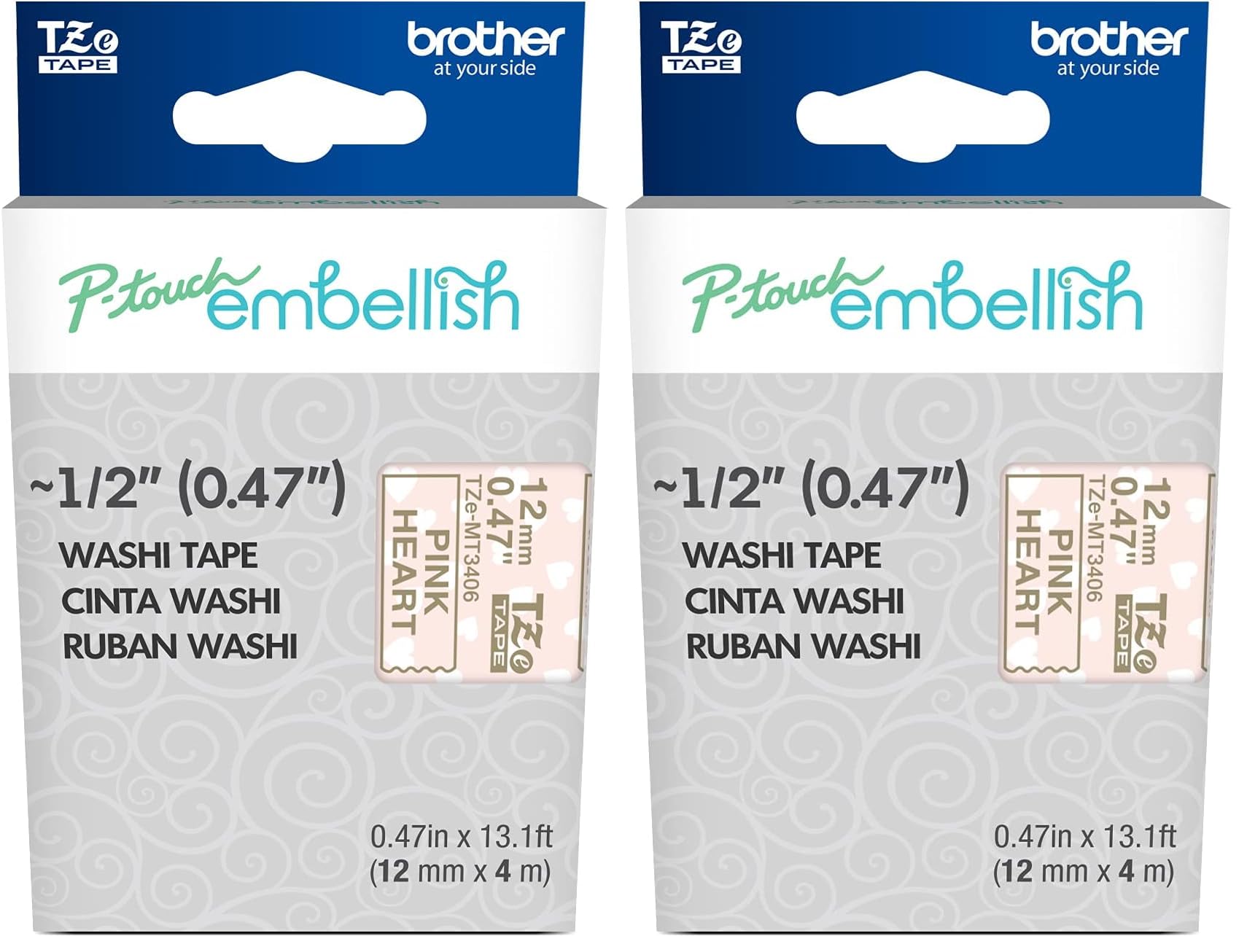 Brother P-Touch Embellish Gold Print on Pink Hearts Washi Tape TZeMT3406 - ~½” Wide x 13.1’ Long for use with P-Touch Embellish Ribbon & Tape Printer (Pack of 2)