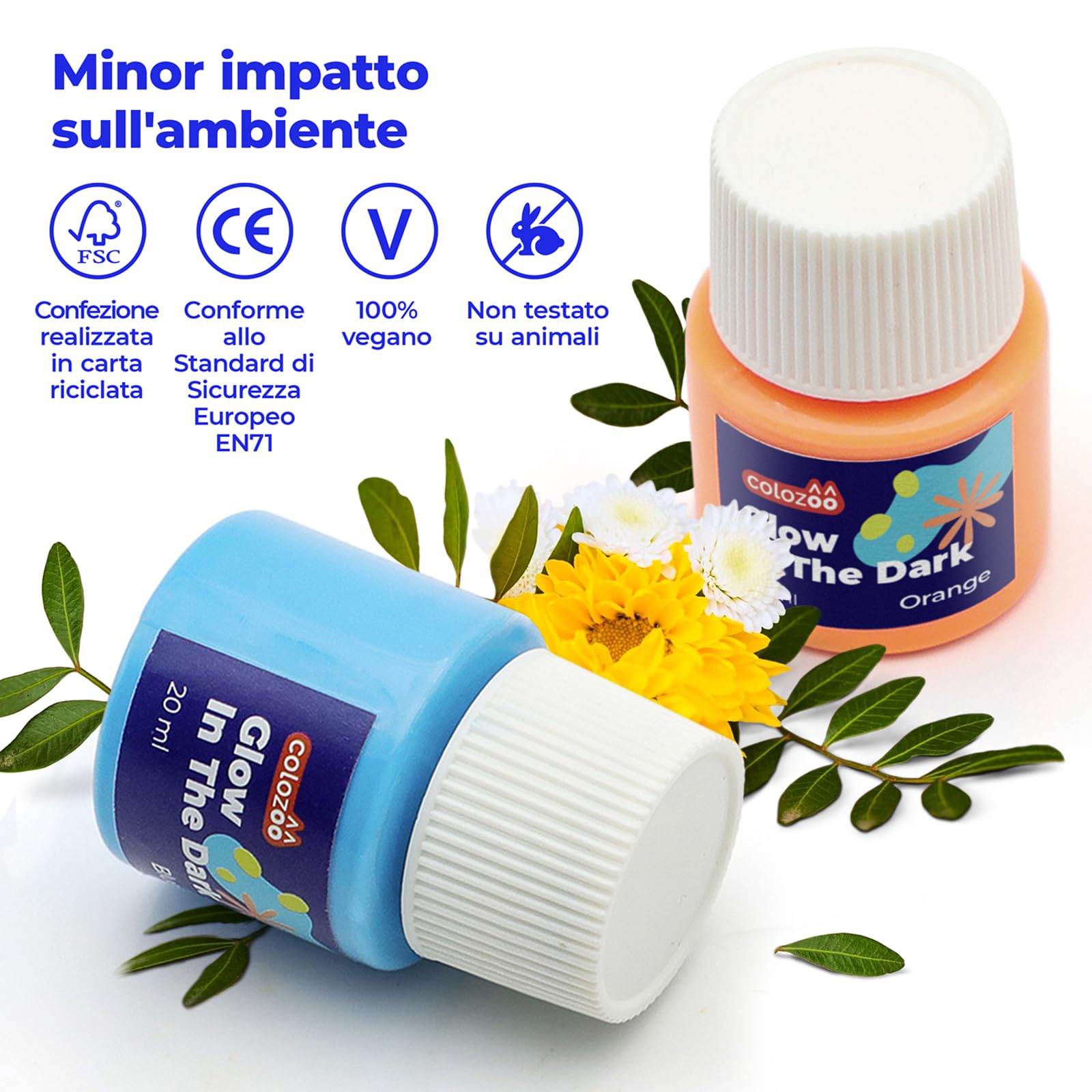 colozoo Set di colori acrilici fosforescenti 8x20ml luminosi +3 pennelli | brillano al buio sono durevoli su qualsiasi superficie fluorescenti autoilluminanti