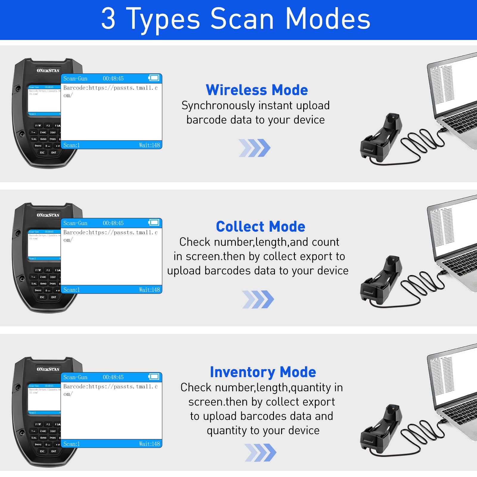 scanner wireless per codici a barre con base di ricarica CCD 1D, schermo di lettura dati 2,4 G, wireless e USB, con schermo LCD da 2,2"