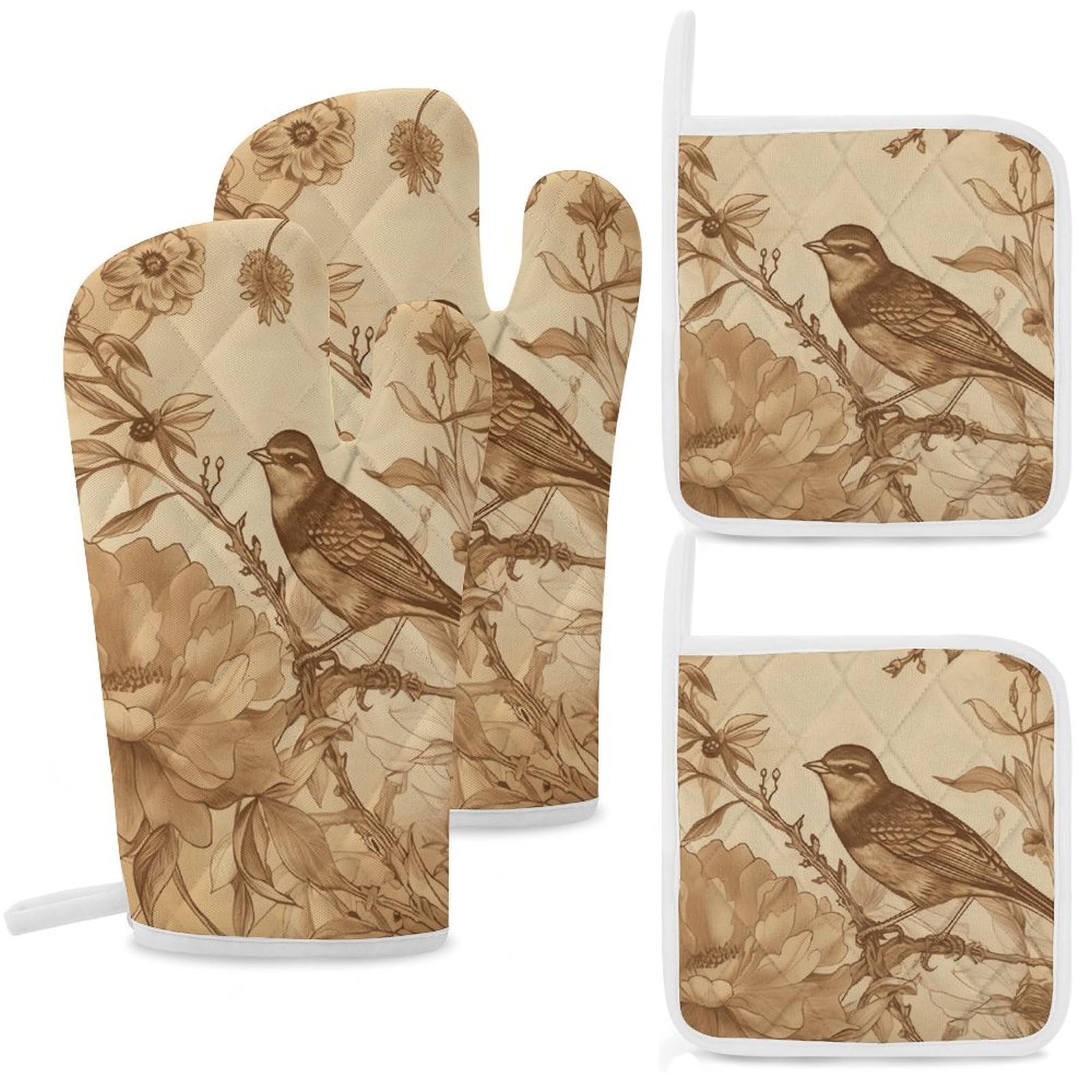 Gants de cuisine résistants à la chaleur en coton style oiseau
