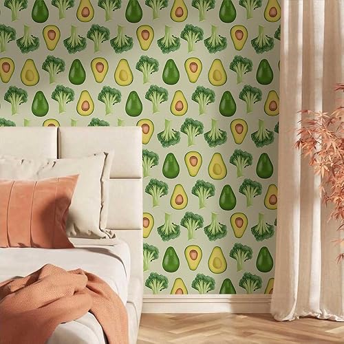 Miniatura 2 de Papel tapiz autoadhesivo de 18 x 236 pulgadas, color verde, acuarela, frutas, brocolli, aguacate, papel de contacto extraíble, papel de contacto