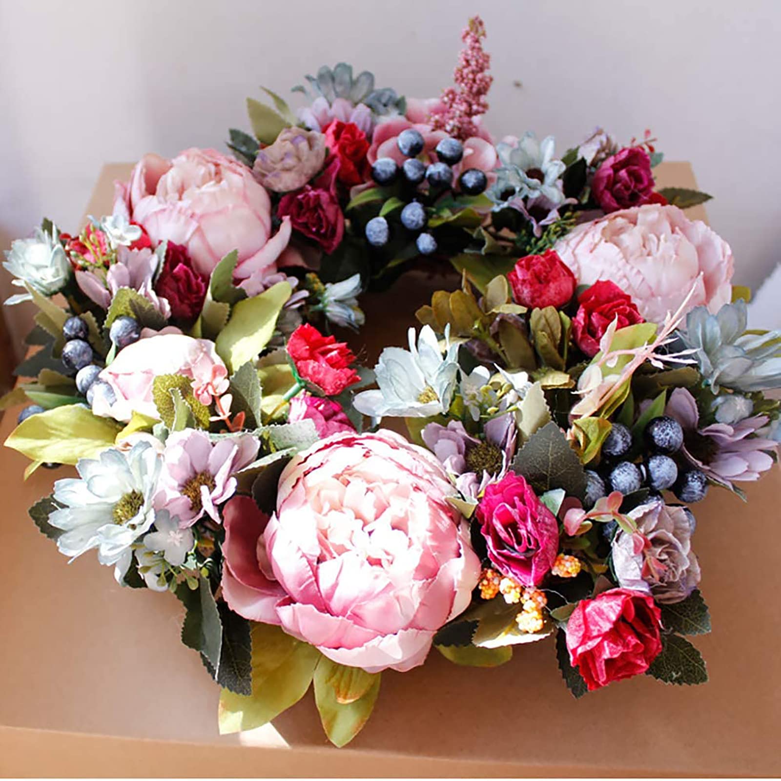 Couronnes De Vacances, Couronnes Porte D’entrée Fleur D’hortensia Artificielle Pivoine, Printemps Été Toutes Les Saisons Couronne Florale Ronde, Brindilles Vigne Suspendues Décor Mariage À La Maison