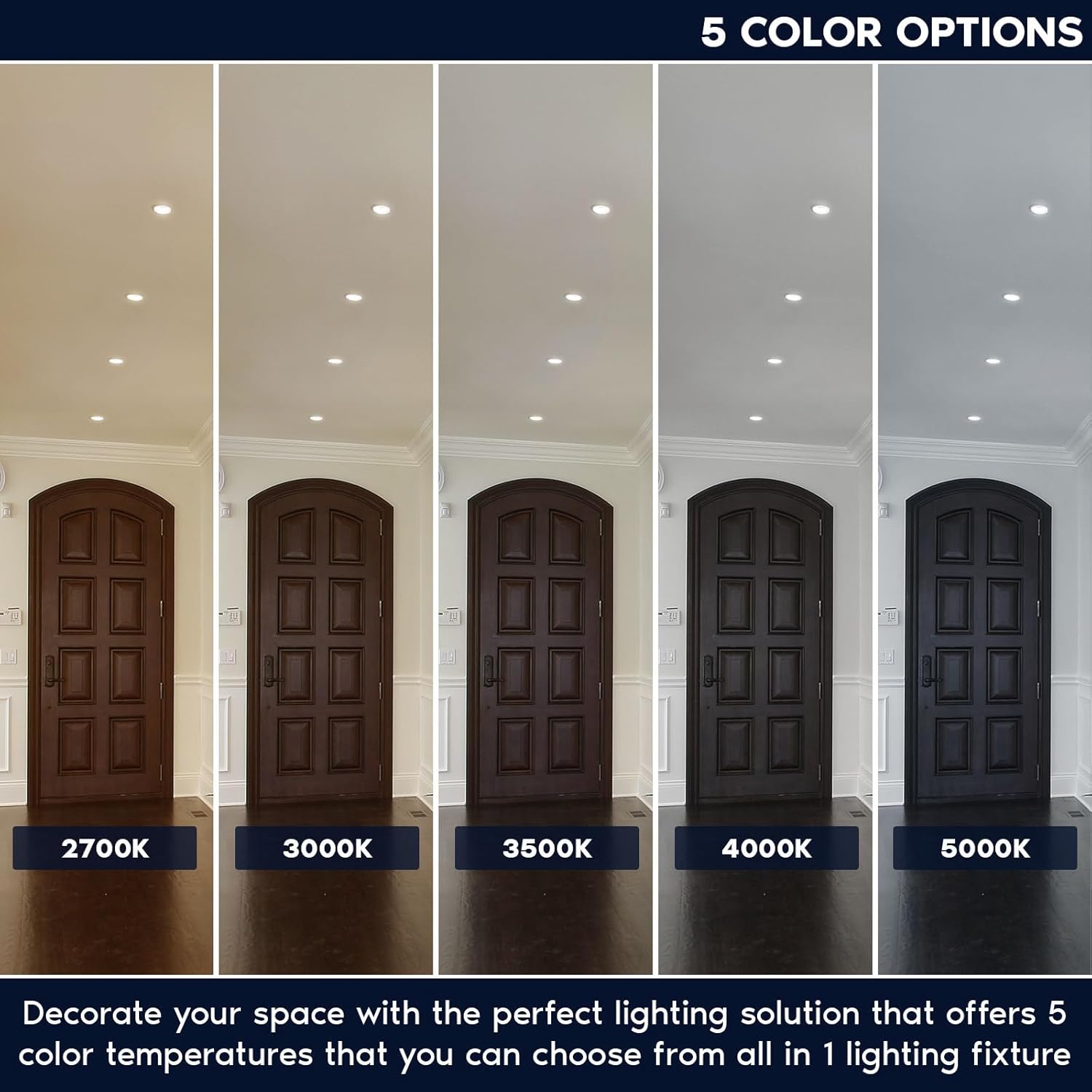 LUXRITE 3 Inch Trimless LED Recessed Spotlight, 15W, 1100LM, 5CCT Selectable 2700K-5000K, 60° Beam Angle, Dimmable, Push-n-Lock Spotlight, CRI90, Damp & IC Rated, Plaster Downlight, ETL White