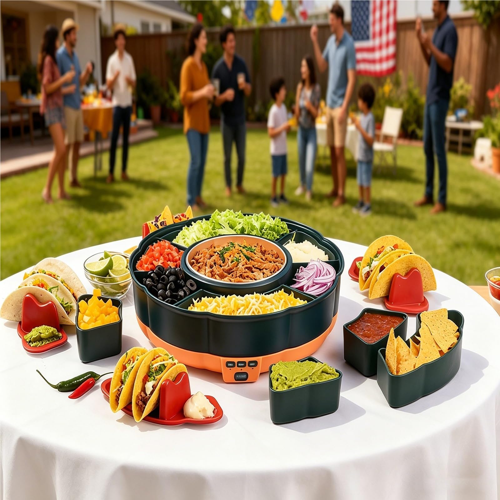 Mothdust Juego Servicio Barra Tacos Caliente Plato Giratorio Calentador Comida con Bandeja Extraible Salsa Ideal para Fiesta Mexicana Cena Reunión Familiar Noche Recuerdos Picoteo Catering Mesa