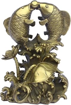 Fengshui Brass Fish on The Lotus Leaf Statue Golden Arowana Figurine Home Decor Collectible