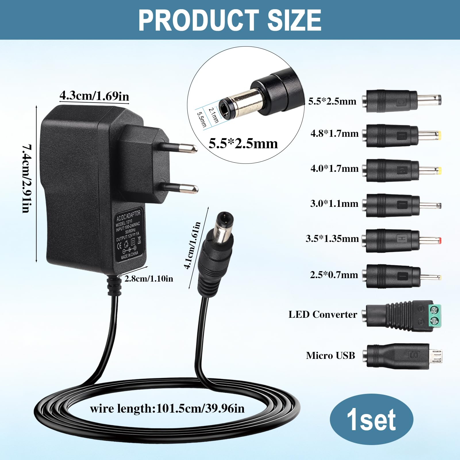Alimentador 12V 1A, Adaptador de Fuente de Alimentación Universal 12W con 8 Enchufes DC Desmontables, Compatible con Electrónica y Dispositivos como LED, Router, CCTV, Radio, y Más - 1000mA Máx — view 2