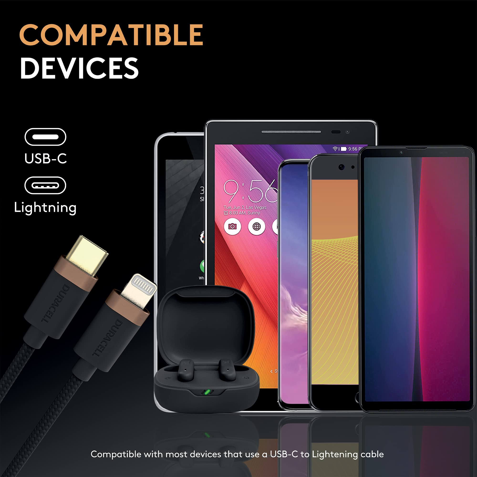 Duracell Cavo intrecciato lungo da 2 m nero USB-C a fulmine temperato - Cavo di ricarica certificato MFI