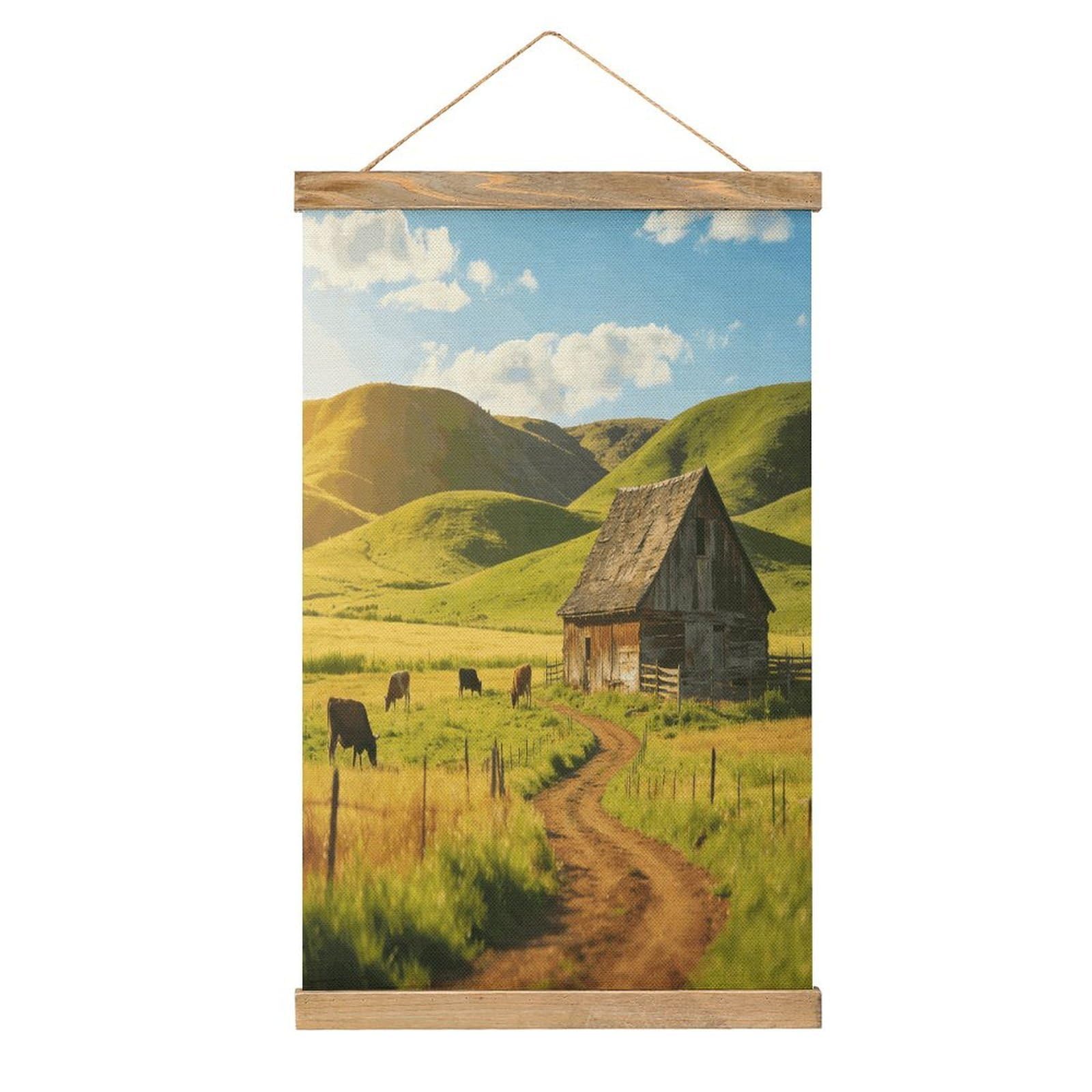 VstaDank Old Houses And The Pastureland Poster with Wooden Frame Hanger Art Painting Wall Decor Poster Wall Hanging Wooden Frame 13x20 Wood Poster Hanger for Photo Picture Art Canvas Print Artwork