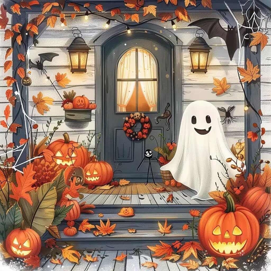UOAIUDT Halloween Diamond Painting Kits for Adults Autumn Pumpkin Ghost Leaf Full Drill Diamond Art Kits for Beginners,Round 5D DIY Diamond Dots Paintings Crafts Home Decor 20x20 Inch