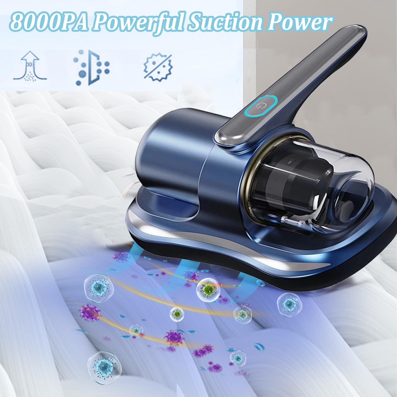 HAMON Aspirapolvere per Materassi, Aspirapolvere Materasso Antiacaro con Luce UV-C, 8000Pa Aspira Materasso Antiacaro Portatili per Materassi, Divani, Cuscini