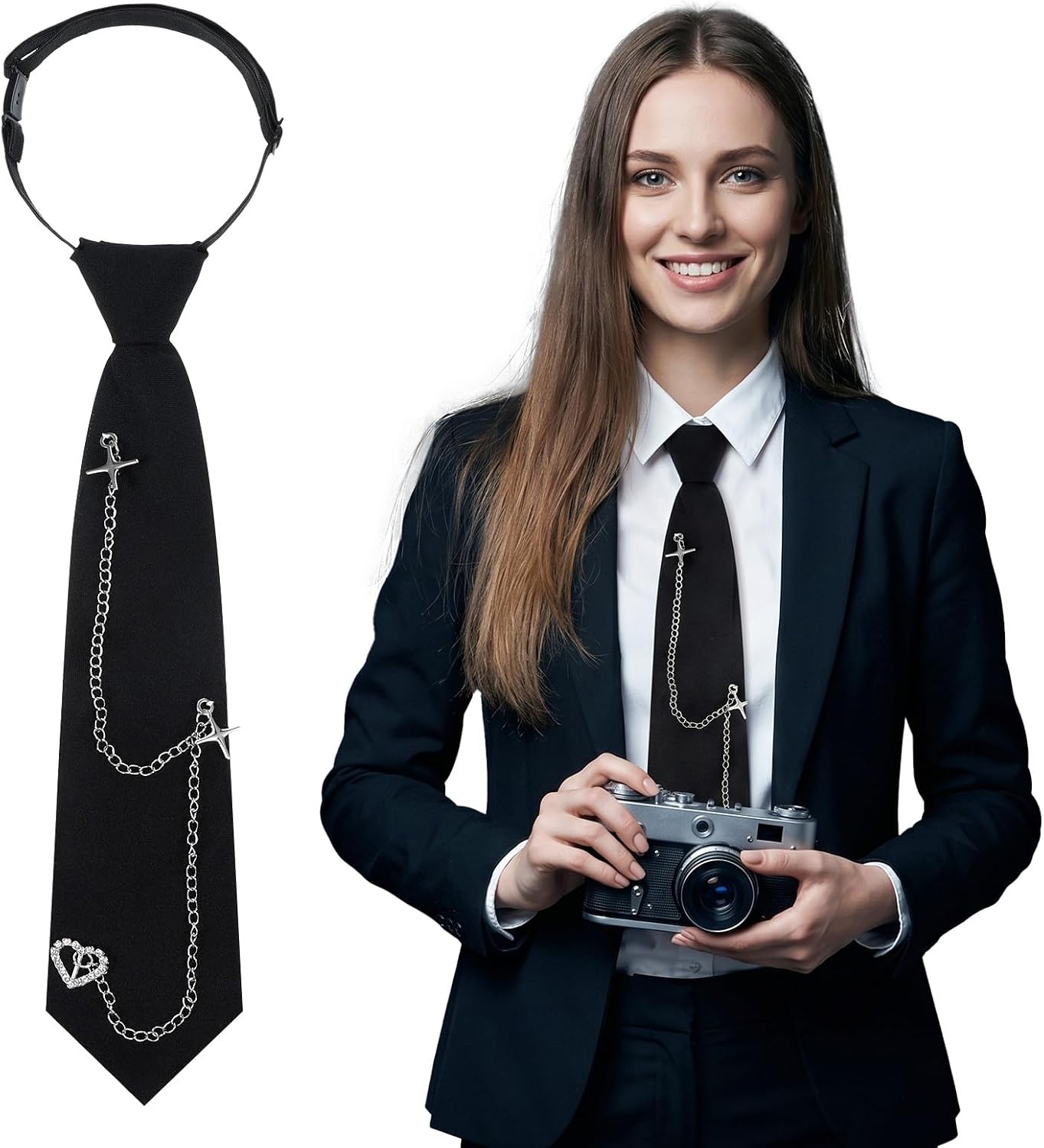 Black Pre-Tied for Women, Tie Necklace for Women with Metal Chain Punk Star School Girl Outfits for Womens for Cosplay Party Daily Shirt Accessory
