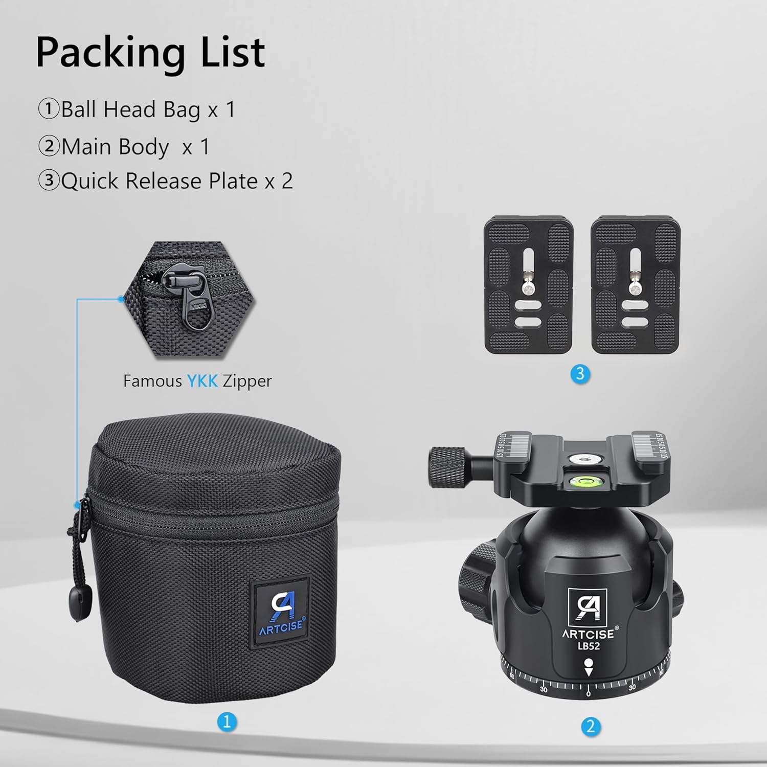 52mm Low Profile Ball Head Tripod Mount Ball Head ARTCISE All Metal CNC Machining with Two 1/4" Quick Release Plates for Tripod, Monopod, DSLR, Camcorder，Max Load 66lbs /30kg（All Black）