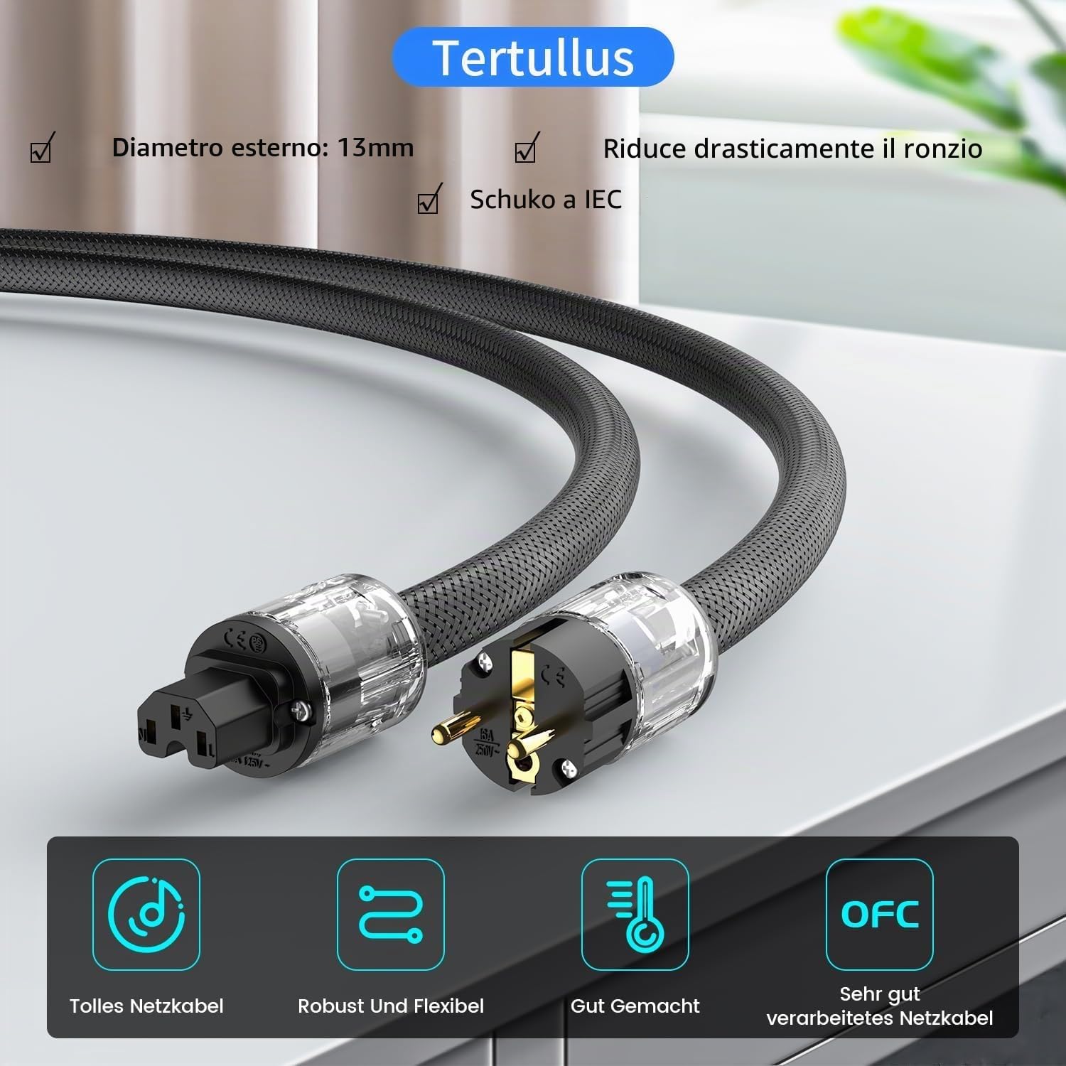 Tertullus HiFi - Cavo di alimentazione High End C15, cavo di alimentazione HiFi audio, con spina Schuko e spina per dispositivi freddi (P029, 1,5 m)
