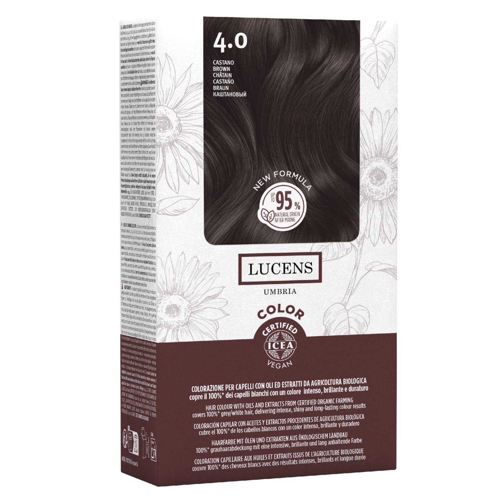 Lucens Umbria - 4.0 Castano, Tinta per Capelli Senza Ammoniaca, Kit Colorazione Permanente Vegan con Estratti Naturali, Azione Lenitiva, Idratante e Protettiva