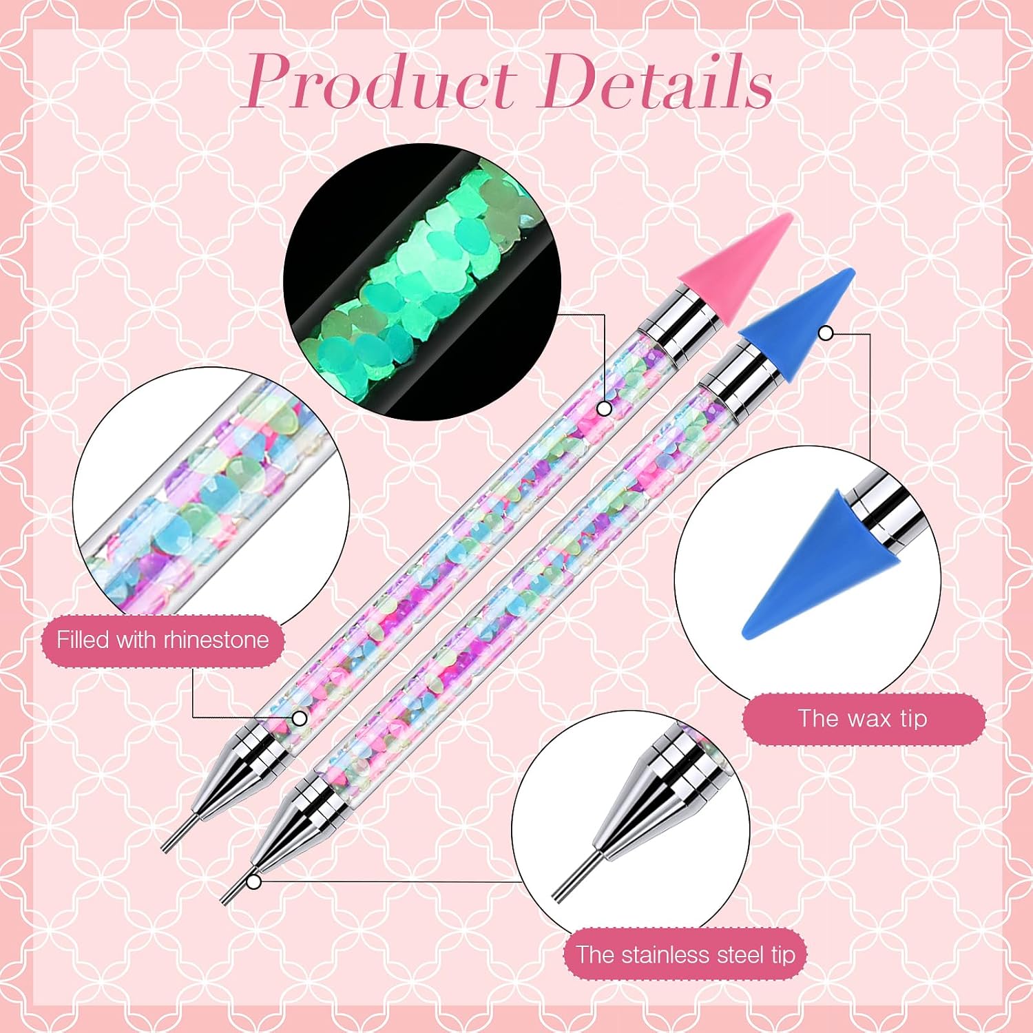 Tatuo 4 Pcs Glow Rhinestone Picker Tool Dotting Pen with 4 Extra Tips Dual End Rhinestone Diamond Painting Pens Wax Pencil for Gems Crystal Pickup Tool Applicator for Manicure DIY Nail Art