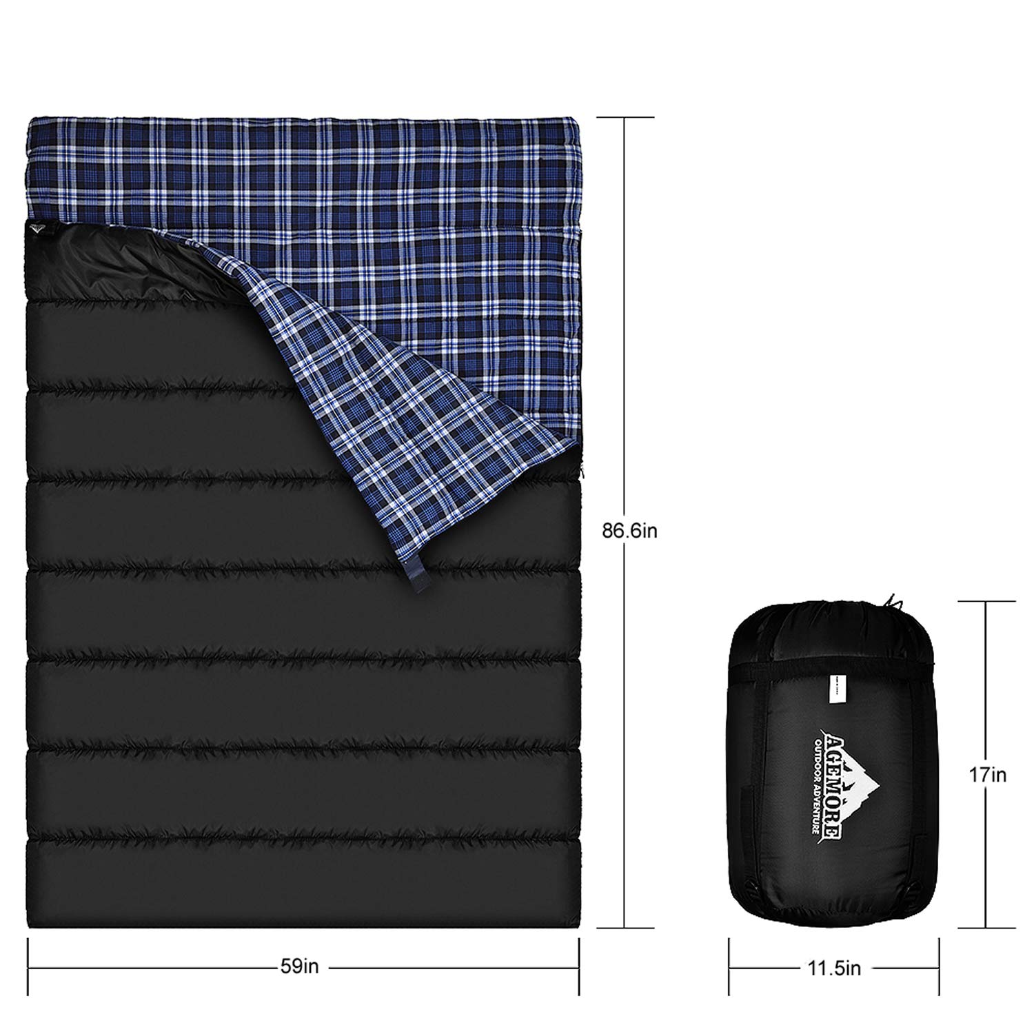 Sac de Couchage Double en Flanelle de Coton pour Camping, randonnée ou randonnée - Sac de Couchage 2 Personnes imperméable pour Adultes ou Adolescents - Léger avec Sac de Compression