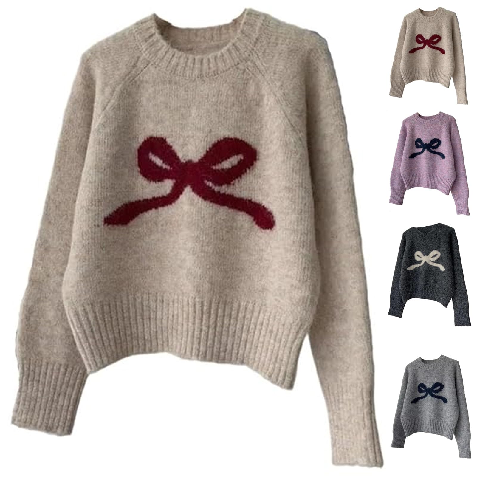 Women Bow Sweater Casual Crew Neck Long Sleeve Pullover Sweaters Winter Chunky Cropped Drop Shoulder Knitted Jumper Tops