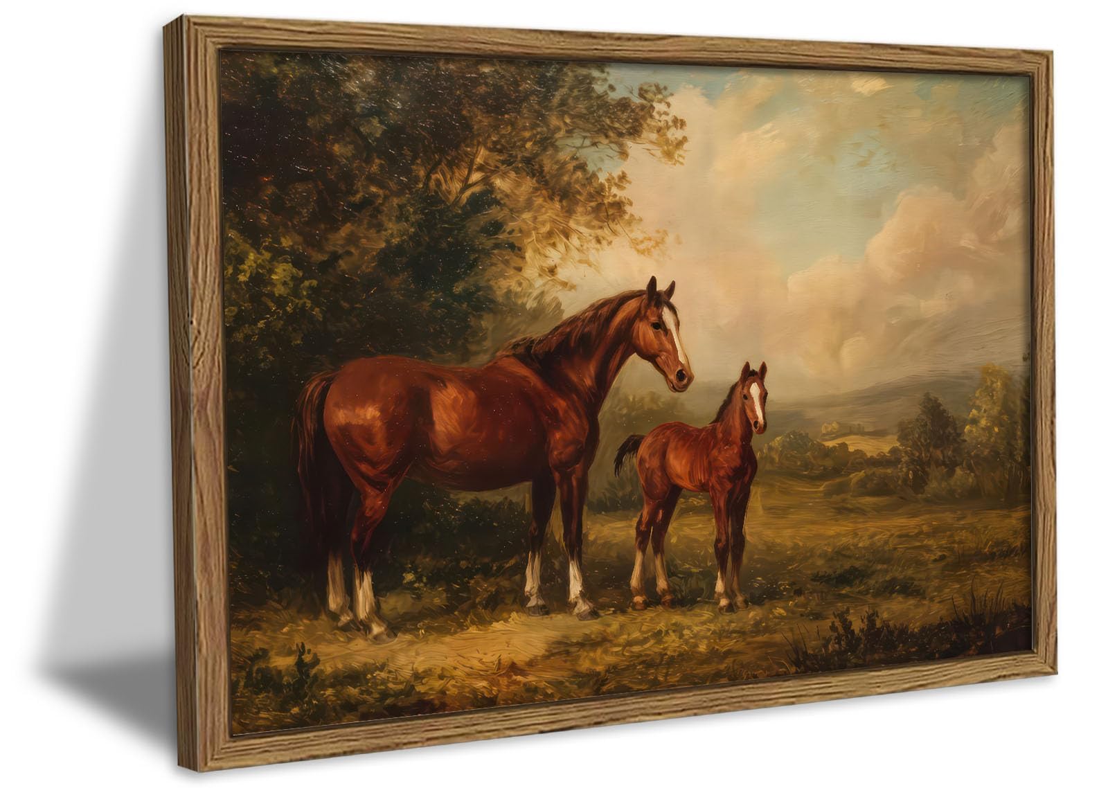 Vintage Framed Horse Wall Art, Farmhouse Mare and Foal Landscape Pictures Wall Decor Painting Rustic Farmhouse Country Animal Canvas Prints Artwork for Living Room Bedroom Office-30x40 cm
