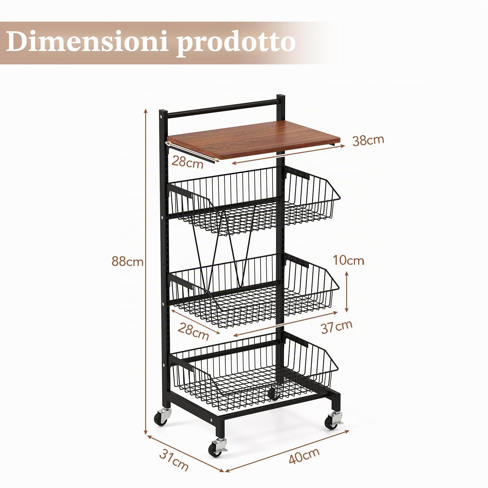 KOMFOTTEU Carrello Portafrutta e Verdura con Ruote, Cesta Mobile per Frutta con Coperchio in Legno, Carrello Ausiliare con Struttura in Metallo e Cestini Sfilabili a Maglia (3 Cestini, 40 x 31 x 88 cm