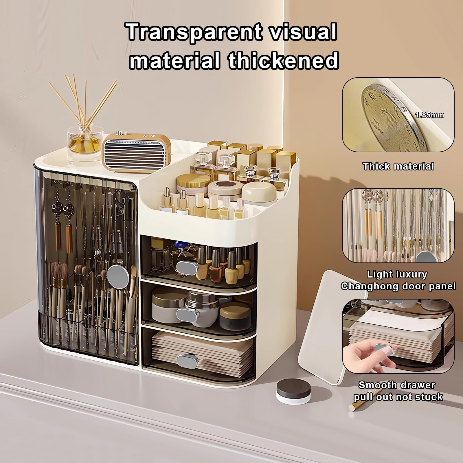 DASITON Make up Kosmetik Organizer mit 3 Schubladen,Großer Kosmetik Aufbewahrung Pinsel Organizer mit Spiegel,Makeup Organizer Schmink Aufbewahrung für Schminktisch,Badezimmer(Schwarz-Creme)