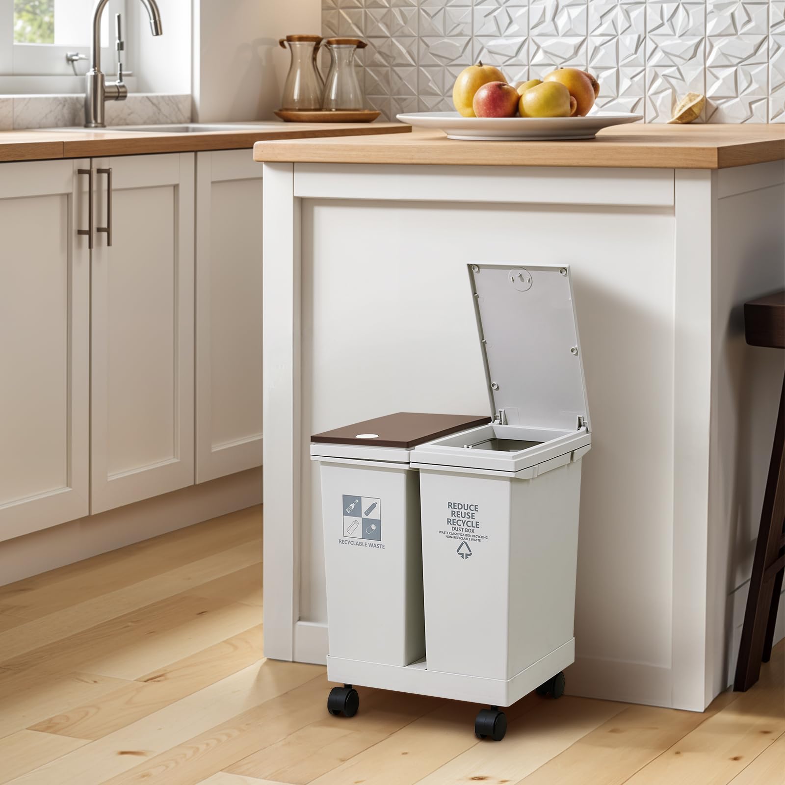 Warmiehomy Recycling Bins 24L Double Compartments Bin Press Dry Wet Separation Waste Bin with Lids Detachable Rubbish Bin with Wheels Kitchen Trash Can for Living Room, Bathroom,34x28x43cm