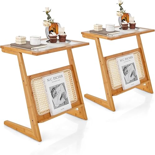 Miniatura 37 de GOFLAME Juego de 2 mesas auxiliares de ratán, mesa auxiliar en forma de Z con parte superior de vidrio templado, revistero, mesita de noche bohemia,