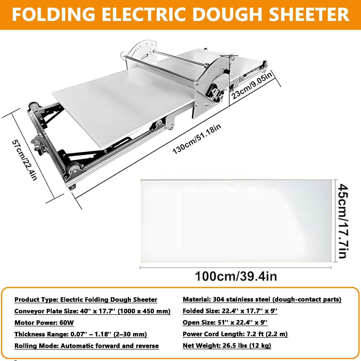 Laminadora de Masa eléctrica para hogar y pequeñas panaderías, máquina laminadora de Mesa 40", Espesor Ajustable, Rodillos con Giro inverso automático, Acero Inoxidable 304, Plegable