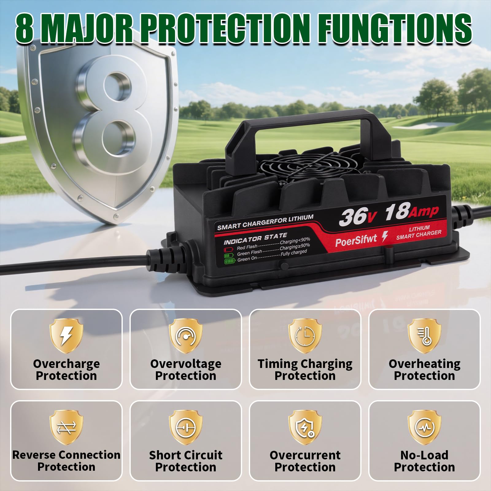 Cargador de batería LiFePO4 de 43.8 V 18 A, cargador de batería de litio inteligente de 48 V 18 A con luz LED, cargador impermeable de 48 voltios para carretilla elevadora eléctrica, scooter 3