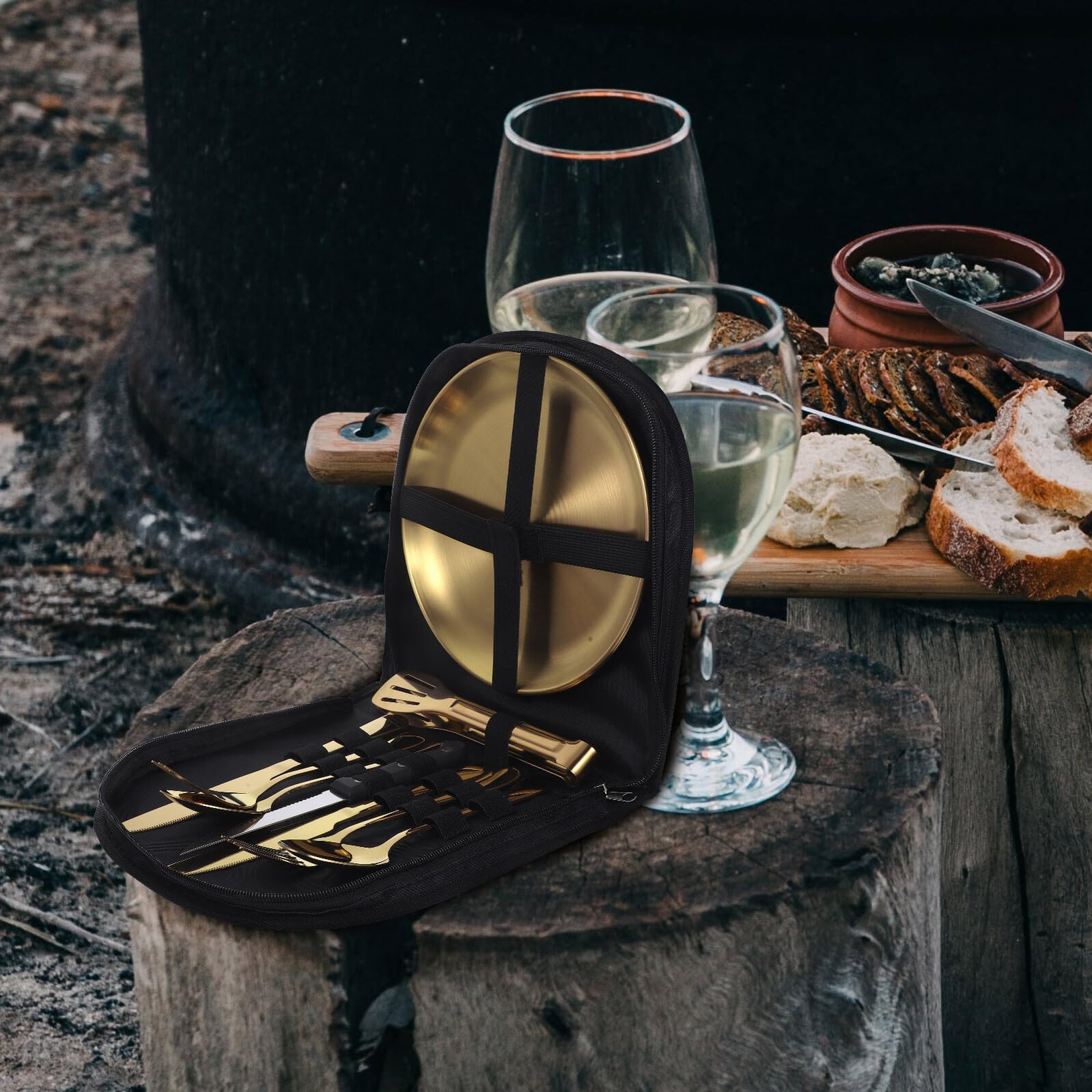 VICASKY Edelstahl Camping Besteckset Gold Reusable Outdoor Cutlery mit Tasche Faltbare Gabeln Robustes Geschirr für Picknick Wandern und Reise Langlebig und Kompakt
