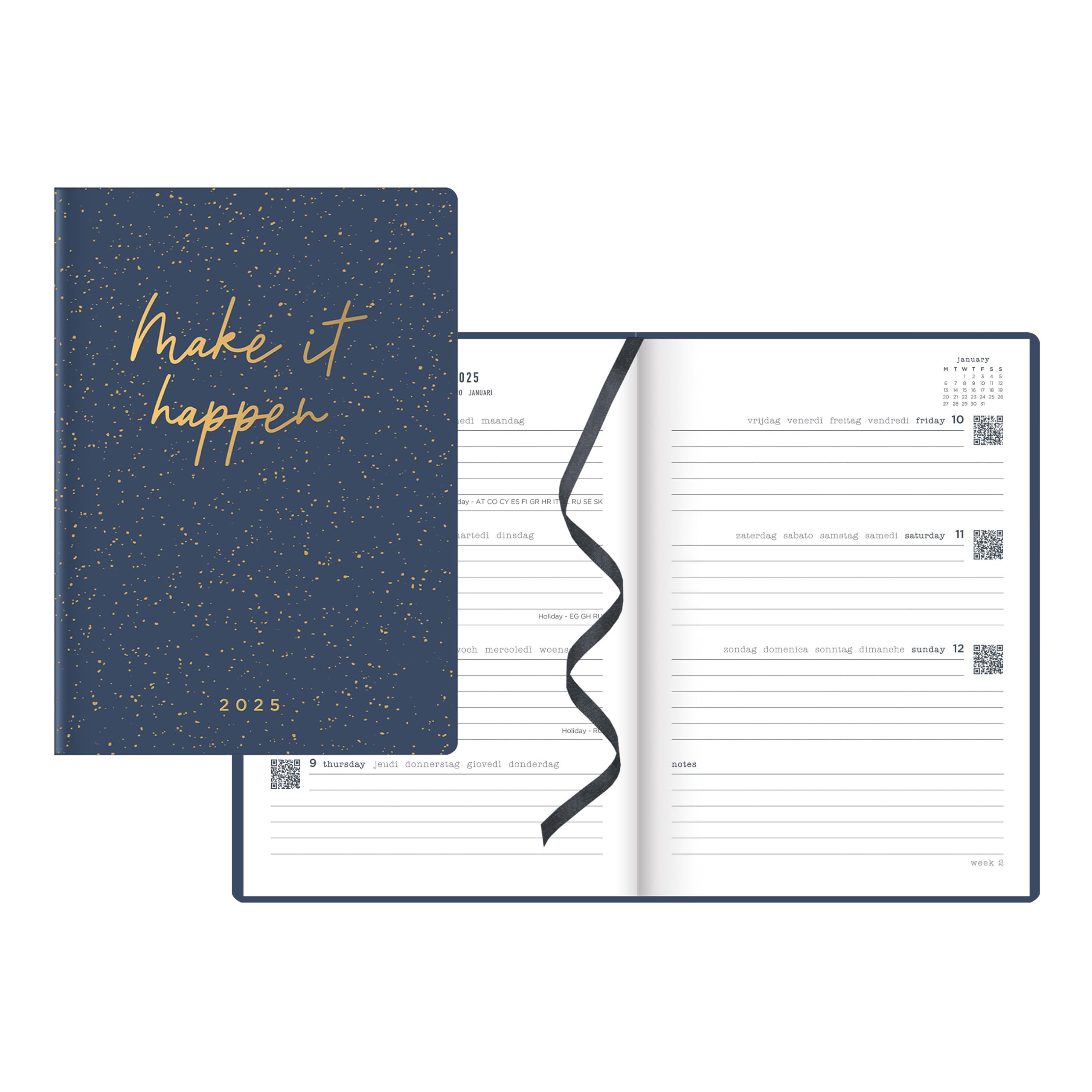 Letts of London® Inspire 2025 Weekly/Monthly Planner, 12 Months, January to December, A5 Size, 8.25" x 5.875", Multilingual, Navy (C082484-25)