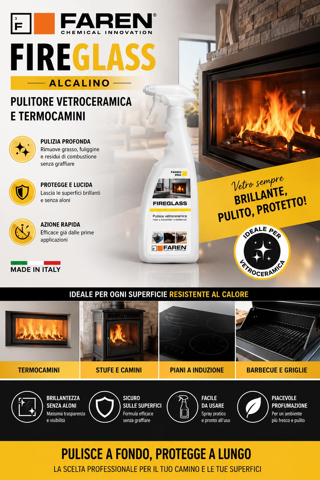 Faren FIREGLASS, Detergente Pulisci Vetro Camino e Stufa, Efficace su Vetroceramica e Barbecue, Ideale per Termocamini e Piani a Induzione, Made in Italy, 750 ml (12pz)