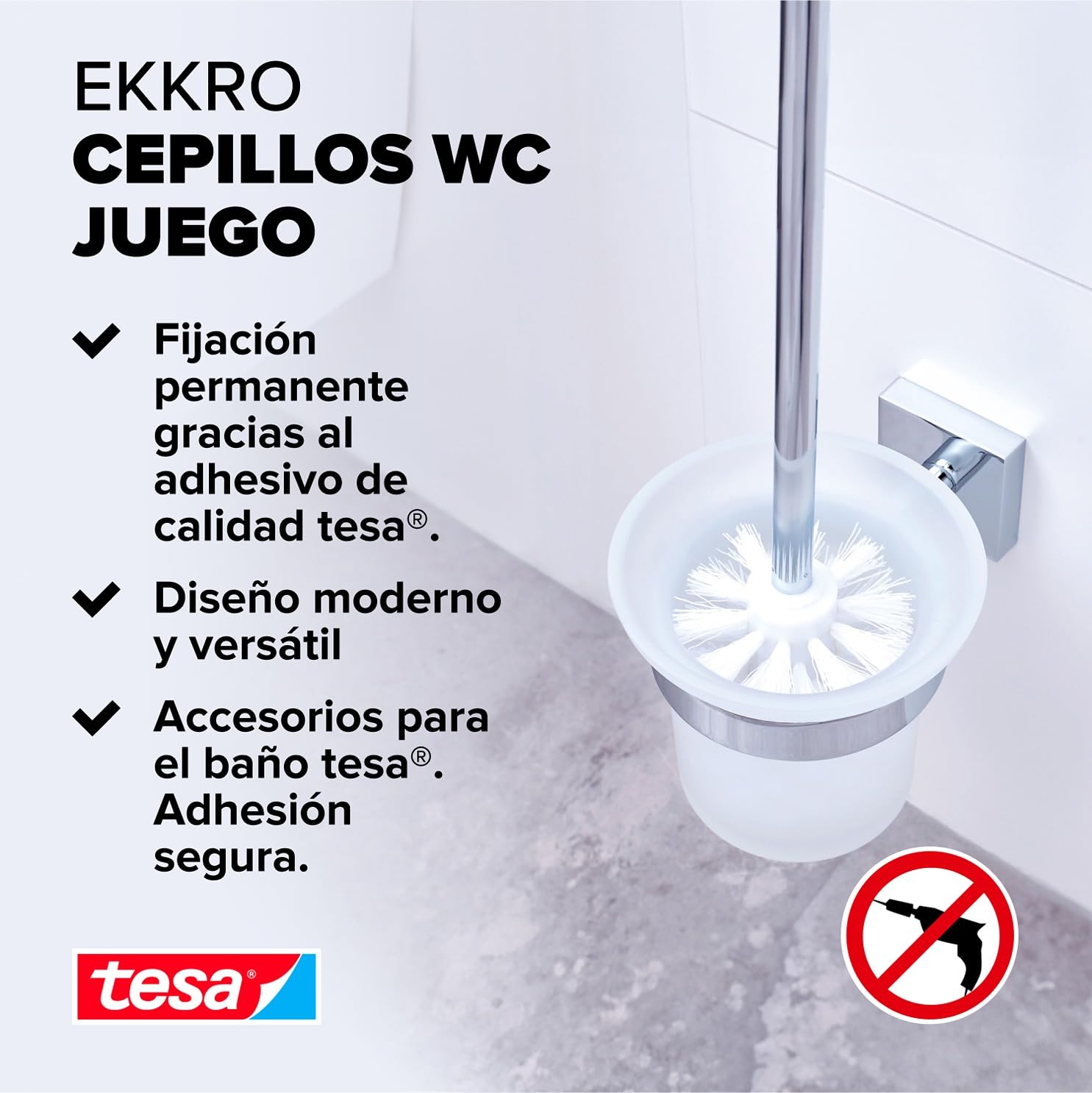 tesa Ekkro Escobilla de baño, metal cromado brillante, tecnología autoadhesiva de montaje en pared, 390 x 116 x 147 mm