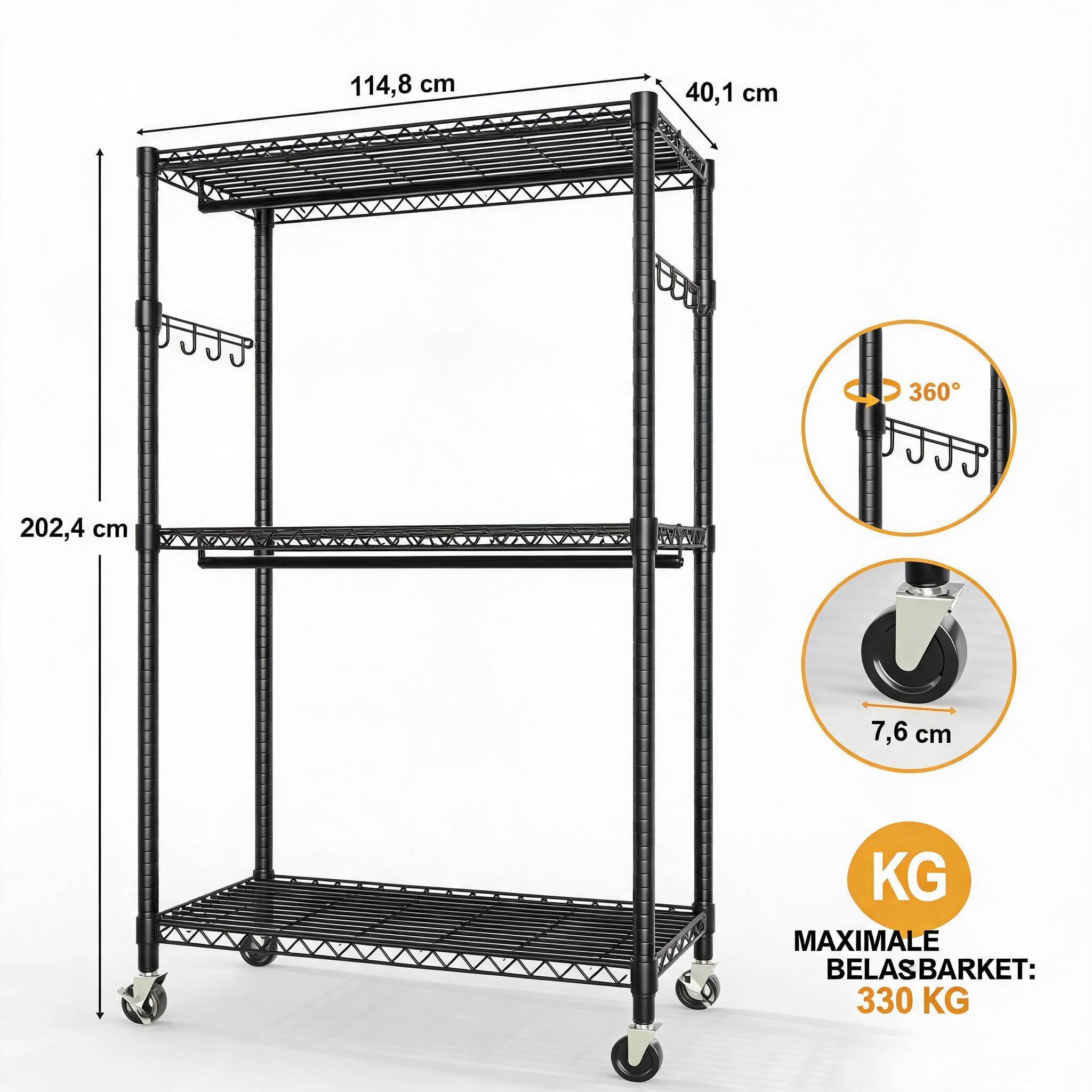 Aptliton Kleiderständer auf Rollen Schwarz, Schwerlast Garderobenständer Metall 115x40x202,4 cm, 3 Ablagen, 2 Kleiderstangen, seitliche Haken, Rollbarer Kleiderschrank mit Bremse, Offener Kleiderständ