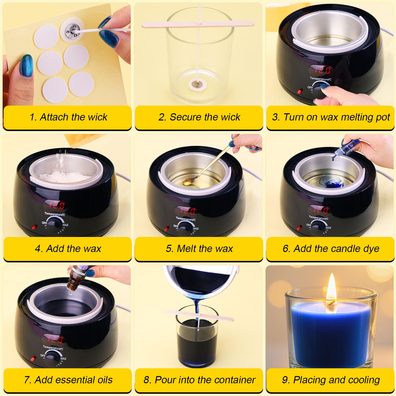 Gikikoko Kit Candele Fai Da Te Con Fonditore Di Cera - Completo Kit Per Candele Fai Da Te Con 3,3 lb Di Cera, Olio Essenziale, Colorante Per Candele, Barattoli, Adesivi, Cucchiaio, Punto Di Colla
