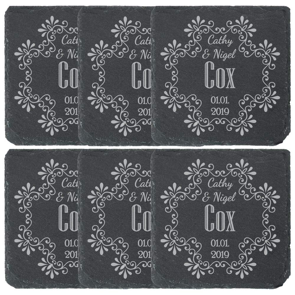Personalised Engraved Square Slate Wedding Coaster with Names Set of 6