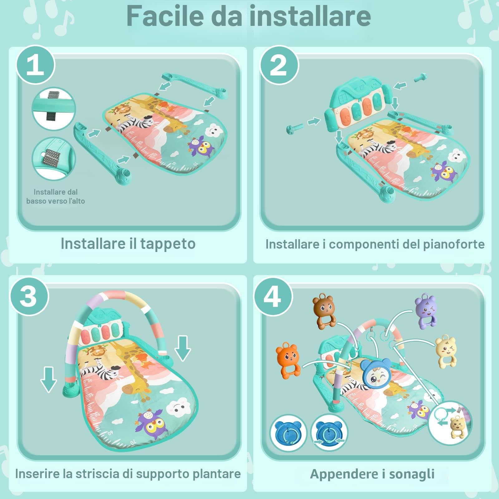 Palestrina Neonato Montessori 0-6 Mesi, Tappeto Gioco Neonato Gattonamento con Giocattolo Musicale Regolabile e Sonagli, Palestrina Neonata per Giochi Sensoriali di Attività (Verde)