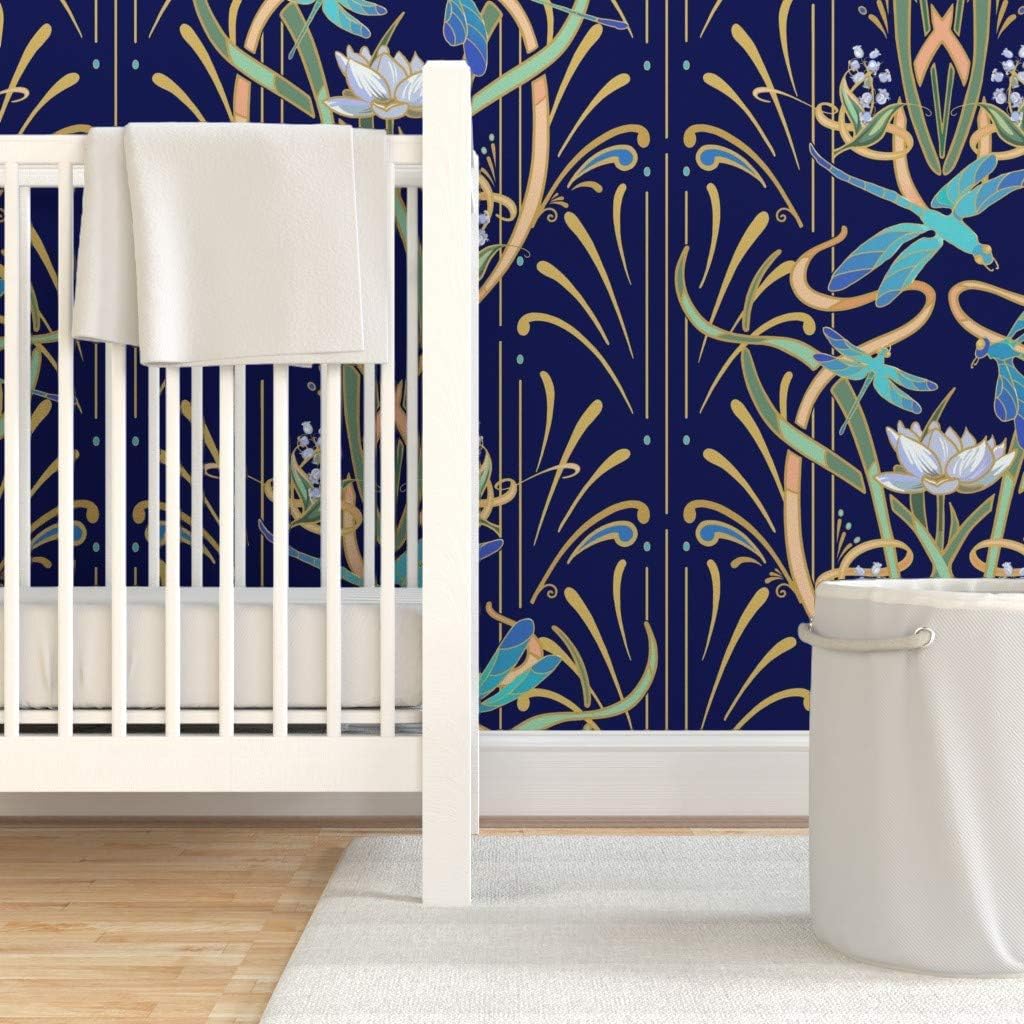 Peel & Stick Wallpaper 3ft x 2ft - Art Nouveau Dragonflies Navy Gold Classy Deco Contemporary Bold Aqua Lotus Water Custom Removable Wallpaper by Spoonflower