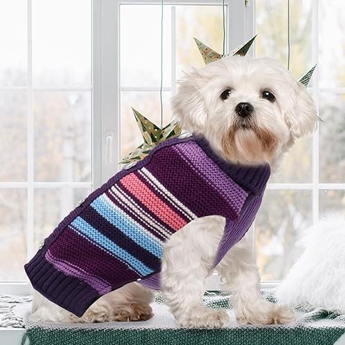 Miniatura 7 de HRTTSY Lindo suéter suave y cálido para otoño e invierno, ropa para perro a rayas moradas, divertida sudadera sin mangas con diamantes de imitación