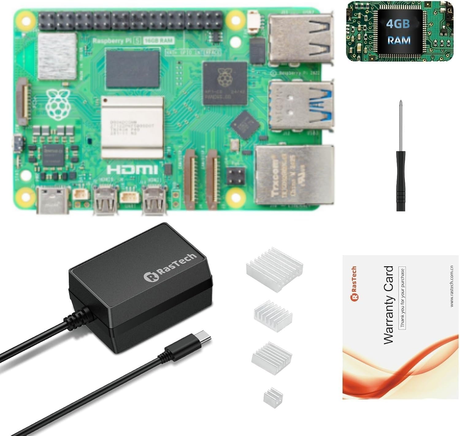 RasTech Raspberry Pi 5 Kit 4GB RAM con 27W PD Alimentatore 5.1V5A, Dissipatori di calore in alluminio e Raspberry Pi5 4GB Scheda Incluso