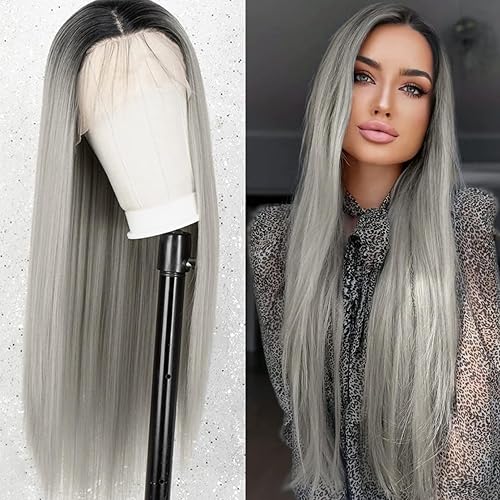 Miniatura 7 de Peluca de encaje frontal de 13 x 4 pulgadas, pelucas largas y lacias, color gris plateado, sin pegamento, resistentes al calor, para mujeres de