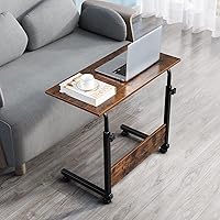 Vista 2 de HomVent Mesa de TV ajustable con ruedas, mesa lateral para aperitivos con ruedas, mesa portátil en forma de C, mesa de mesa móvil de madera