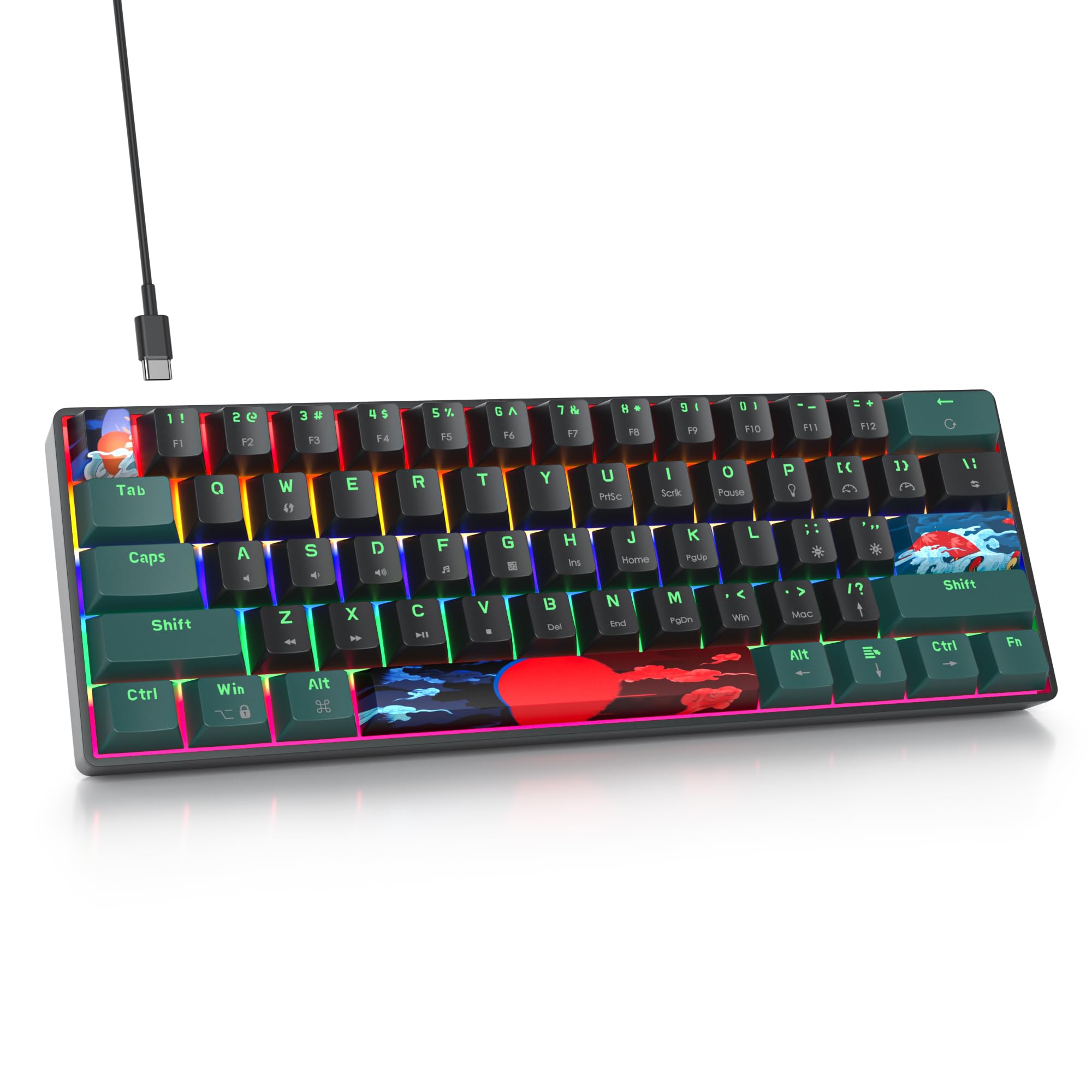 Mini 60% Wired Gaming Tastiera Meccanica per Mac/Win,Onde B | Tastiera completa dell'ufficio di rollover di N-Key con i tasti retroilluminati compatti rossi 61 del commutatore